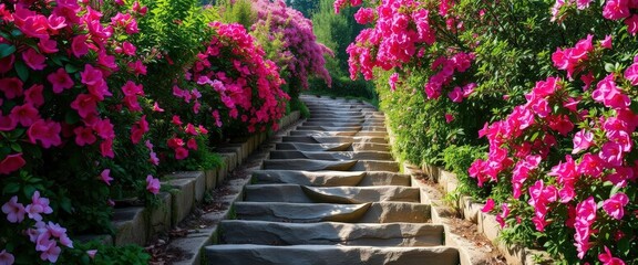 Fototapeta premium Stone steps wind through a lush garden path, vibrant blossoms blooming on either side, idyllic, stone steps