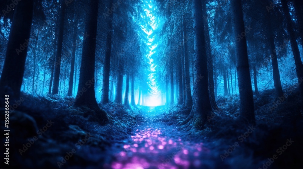 Poster vibrant forest path illuminated by ethereal light in the twilight