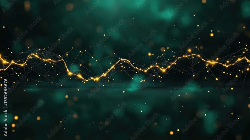 Poster abstract green and gold network with glowing particle connections on dark background
