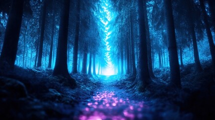 Vibrant forest path illuminated by ethereal light in the twilight