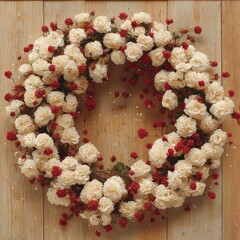 Elegant White and Red Floral Wreath on Rustic Wood Background for Home Decor, Weddings, and Seasonal Celebrations - Enhance Your Interior with Natural Beauty