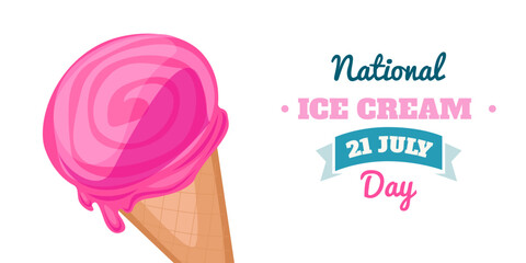Ice cream day banner. Pink bright holiday poster, background, card. Sweet cold dessert social media advertising. Flat Vector illustration.