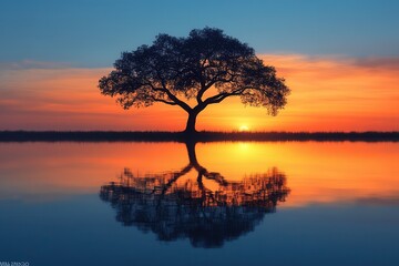 Obraz premium Stunning sunset over tranquil water reflecting a solitary tree