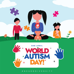 World Autism Day. 2nd April World Autism Day celebration banner with bold colourful text, puzzle pieces, handprints, children, teddy bears, and nature elements. Promoting awareness and neurodiversity