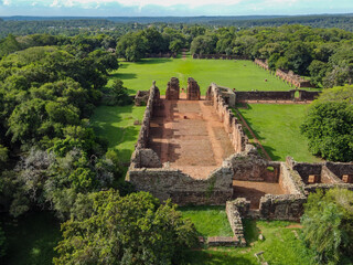 Intimate detail of the main church of the Ruins of San Ignacio, Misiones. The image highlights the...