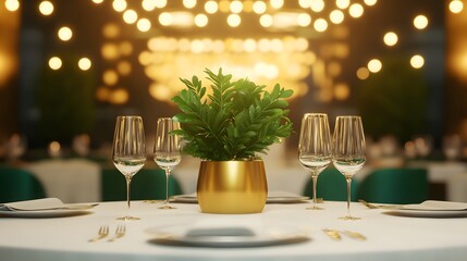 A luxurious golden podium, placed in an elegant fine-dining restaurant setting