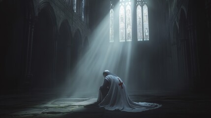 A knight in shining armor kneeling in a dimly lit cathedral, with sunlight streaming through stained glass.