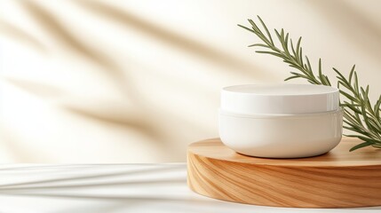 Minimalist skincare product displayed on a wooden pedestal with soft shadows and greenery