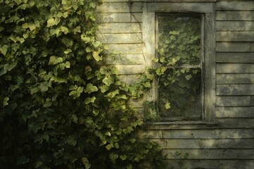 Ivy-covered weathered wooden house with an old window, evoking a sense of abandonment and time's passage.