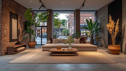 Modern Showroom Interior Design with Beige Sofa and Natural Elements