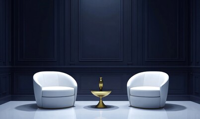 Two white chairs flank a small golden table in a room
