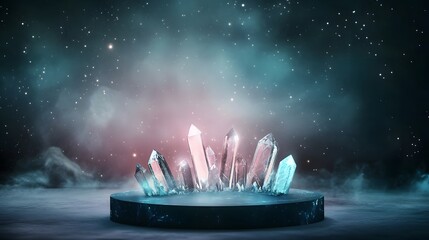 A podium with floating crystal shards, glowing in a fantasy-inspired celestial realm