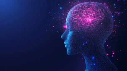 Abstract digital human head with brain and cyber technology background.
