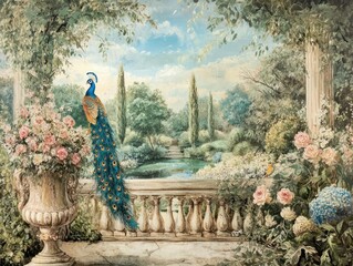 A vintage Roman-style mural featuring a garden, forest, peacock, birds, and a flower vase. The detailed landscape adds an elegant, classical touch to any space, reminiscent of historical art. 