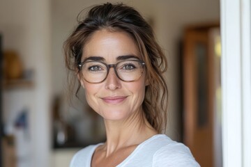 A 60-year-old woman with a mature and cheerful demeanor, sporting glasses and casual attire, looks directly at the camera with a toothy grin, set against the backdrop of a home video call