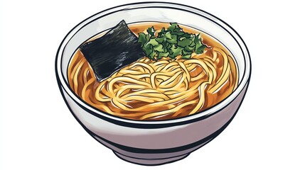 Bowl of Delicious Ramen Noodles with Seaweed and Greens Topping