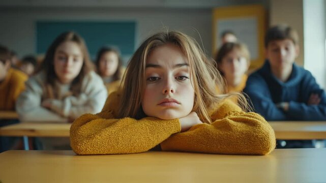 frustrated bored sad teenage schoolgirl sitting at her classroom desk