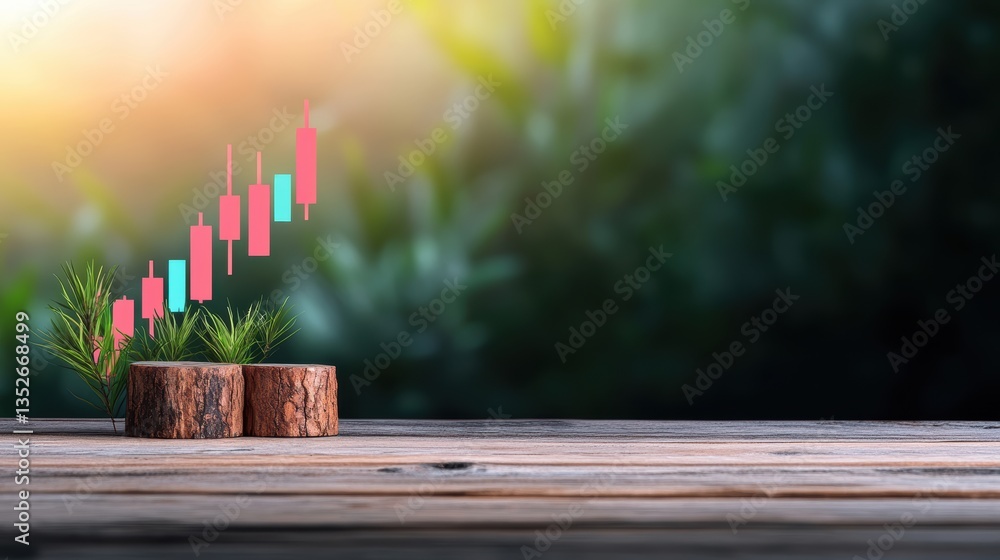 Poster rising stock graph on tree stumps with nature background