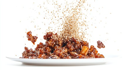 Sesame Seeds Falling Onto a Plate of Sweet and Sour Chicken