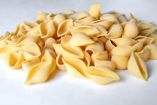 Uncooked dried conchiglie. Pile of shell pasta