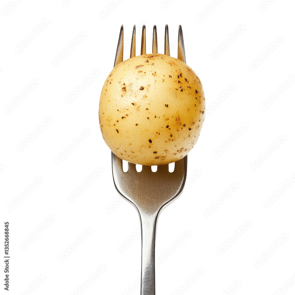 Aufkleber potato balanced on a metal fork with a clean transparent background in a simple and minimalistic sty