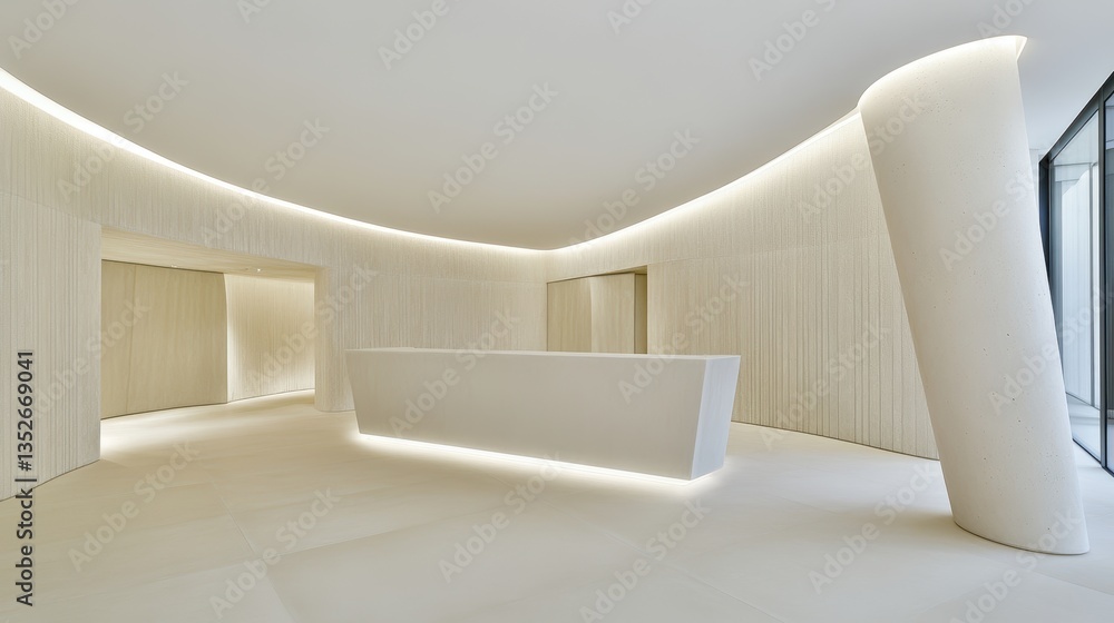 Poster modern minimalist lobby with curved architecture and sleek white reception desk