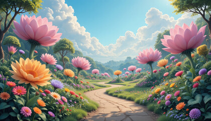 Fototapeta premium Vibrant Fantasy Garden with Enchanted Flowers and Lush Greenery, Outdoor Garden Landscape Cartoon.