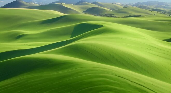 Rolling green hills stretch across the landscape on a bright sunny day 4K