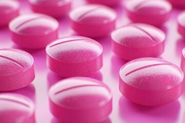 Colorful pink tablets arranged aesthetically on a vibrant surface