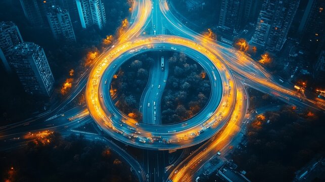 Aerial view of the highway intersection and overlooking the city at night.