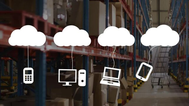 Warehouse shelves with boxes and equipment under cloud computing icons animation
