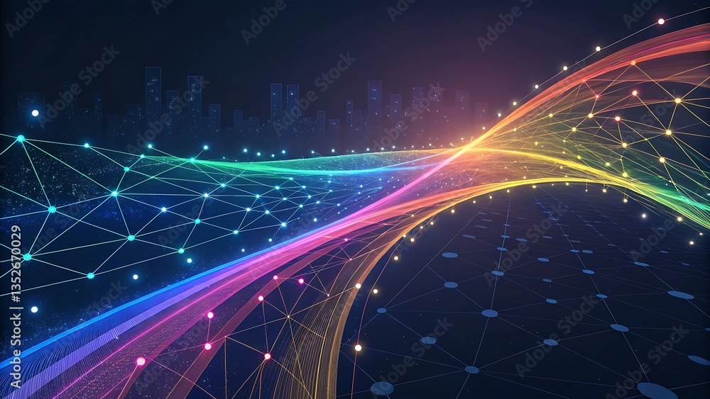 Aufkleber abstract futuristic network connection with glowing nodes and cityscape silhouette on dark backgroun