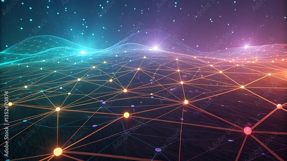 Poster abstract glowing network landscape with connected points and lines, vibrant colors and data visualis