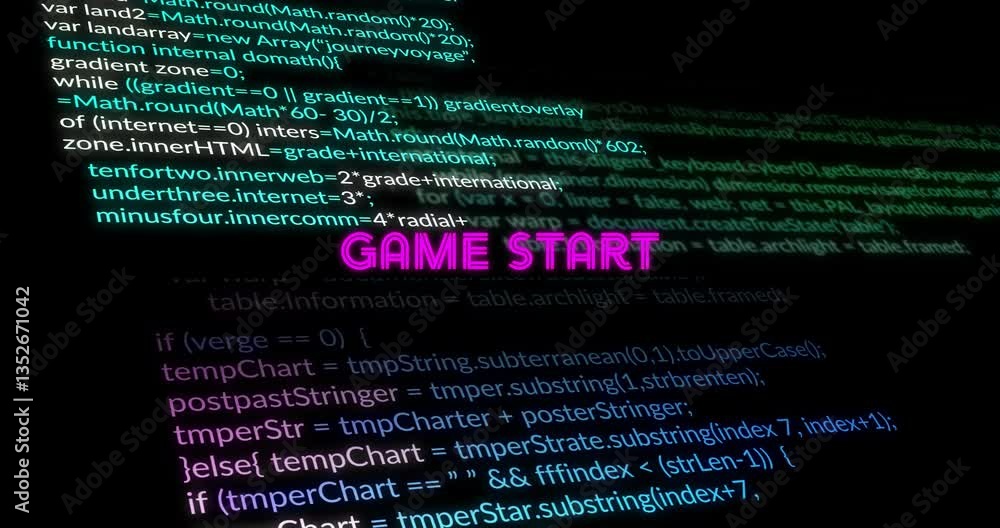 Poster animation of game start text glowing over colorful programming code background