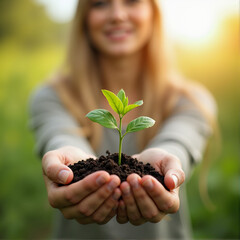 young woman holding plant