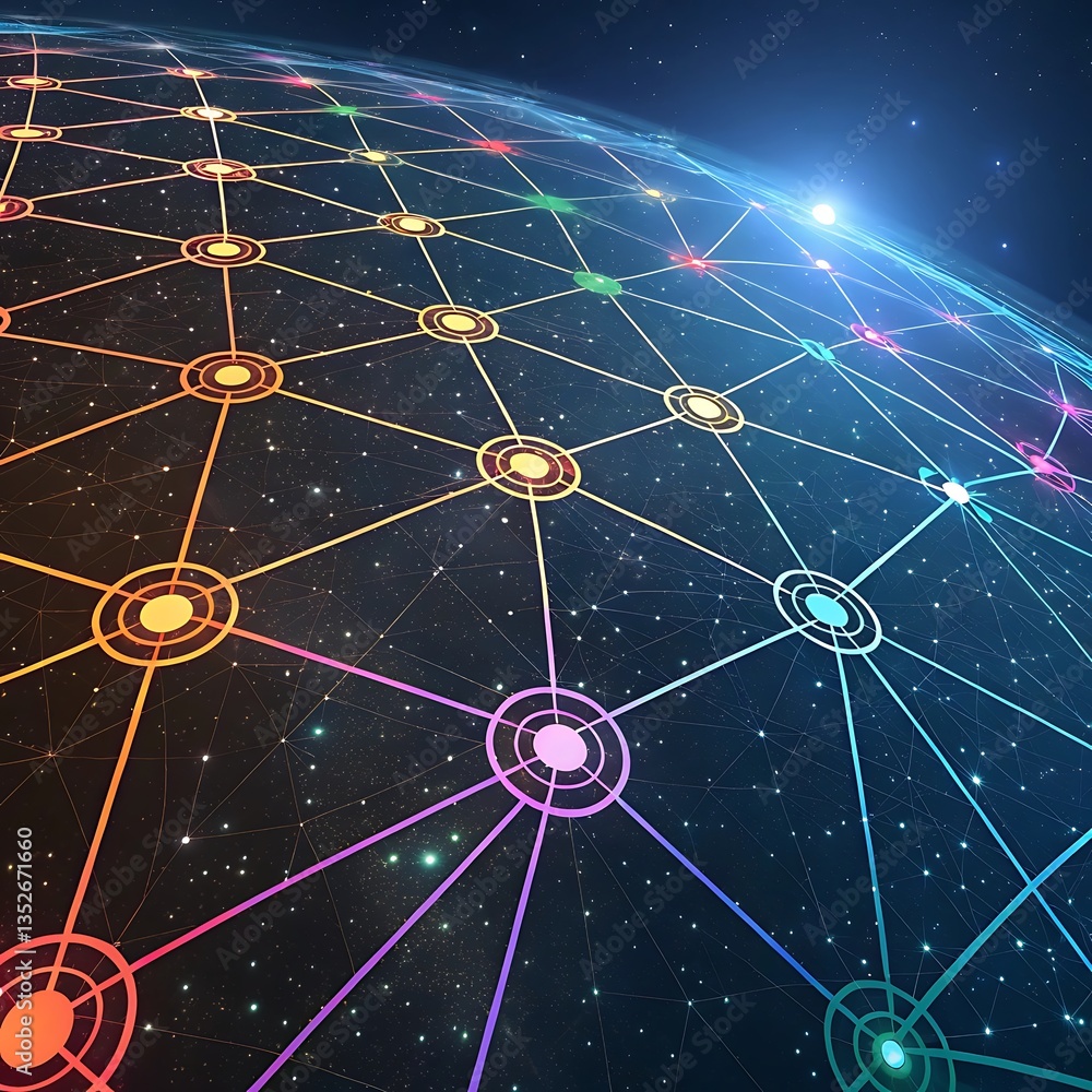 Poster abstract network connecting points on a sphere with a dark celestial background, perfect for digital