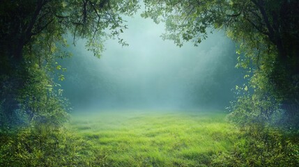 Obraz premium A serene forest clearing with mist and vibrant green grass surrounded by trees.