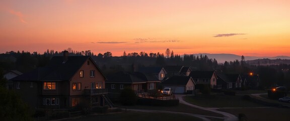 Twilight settles, houses bathed in soft orange and violet glow, peaceful village scene, houses, rural