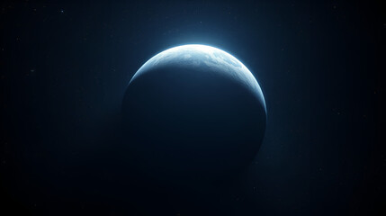 Fototapeta premium A hyper-realistic image of a rogue planet drifting through interstellar darkness, illuminated only by the soft glow of distant galaxies.