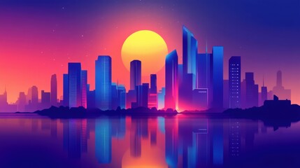 Fototapeta premium Vibrant city skyline at sunset reflected in calm water.