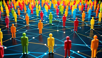 A 3D rendering of people connected by lines on a black background.