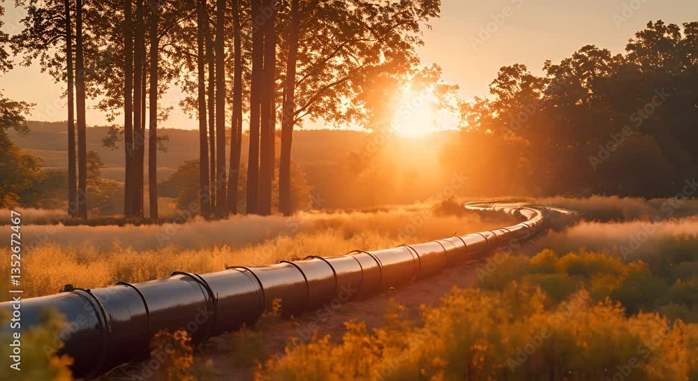 Poster a view of a pipeline in the golden hour sunset with trees in the background 4k