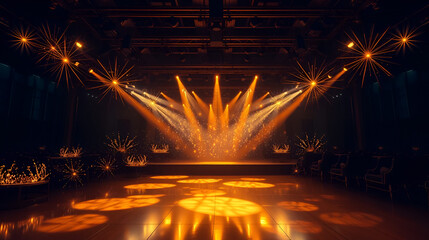 elegant event illumination, golden beam array, sparkling particle field, glossy floor highlights, dark luxury environment, dramatic uplight effects, prestigious venue ambiance