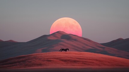 A silhouette of a horse standing on a hill against a vibrant sunset.