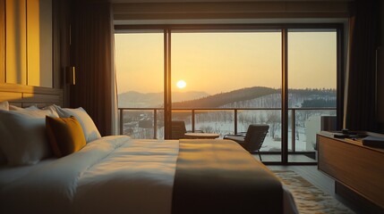 Fototapeta premium Hotel room bathed in the warm glow of a sunset, creating a peaceful and relaxing atmosphere. The room is illuminated by the soft orange and pink hues of the setting sun, offering a serene and tranquil