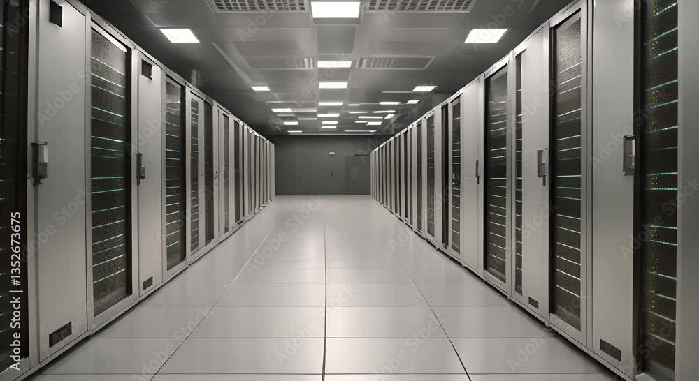 Poster a long hallway with rows of server racks in a data center 4k