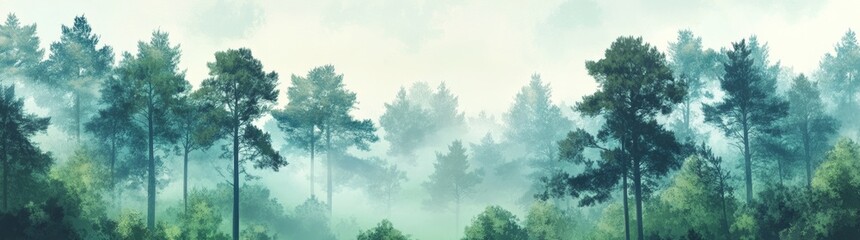 Beautiful green pine forest landscape with tall trees in a misty, foggy morning.
