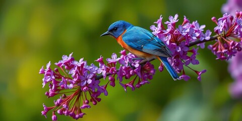 Vibrant blue bird perched on branch laden with purple blossoms, colorful, macro