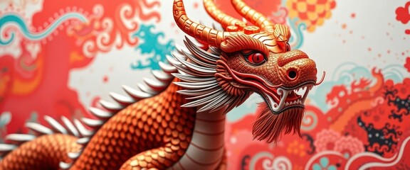 Vibrant Chinese dragon, scales shimmer, bold pop art background, mythical, graphic