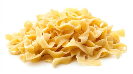 Pile of Dry Egg Noodles Isolated on White Ready for Cooking